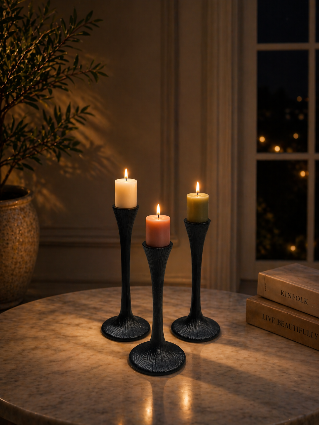 Elegant Aluminium Taper Candle Holder Set – Matte Black, Gold & Silver Nickel Finish (Set of 3 | Modern Decorative Accent)