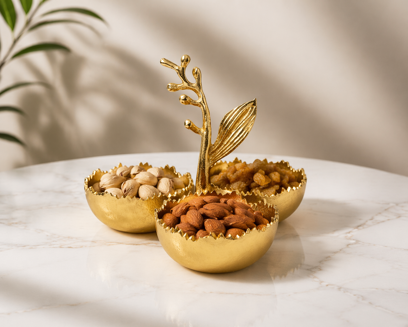 Luxury Gold Aluminum 3-Bowl Dry Fruit Serving Tray with Decorative Stem
