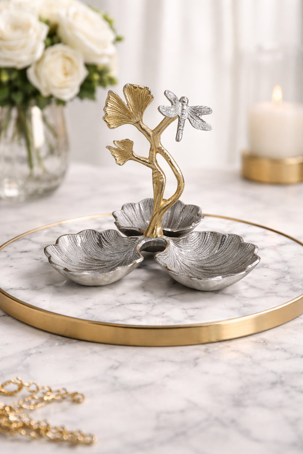 Ginkgo Leaf Jewelry Organizer Tray with Dragonfly
