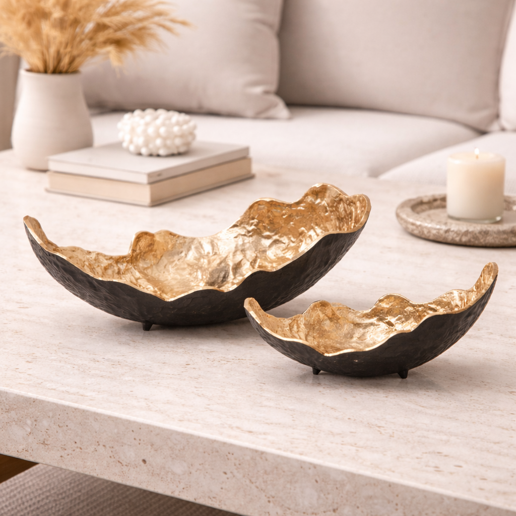 Handcrafted Aluminium Abstract Decorative Trays – Dual Finish Sculptural Set (Black & Gold)