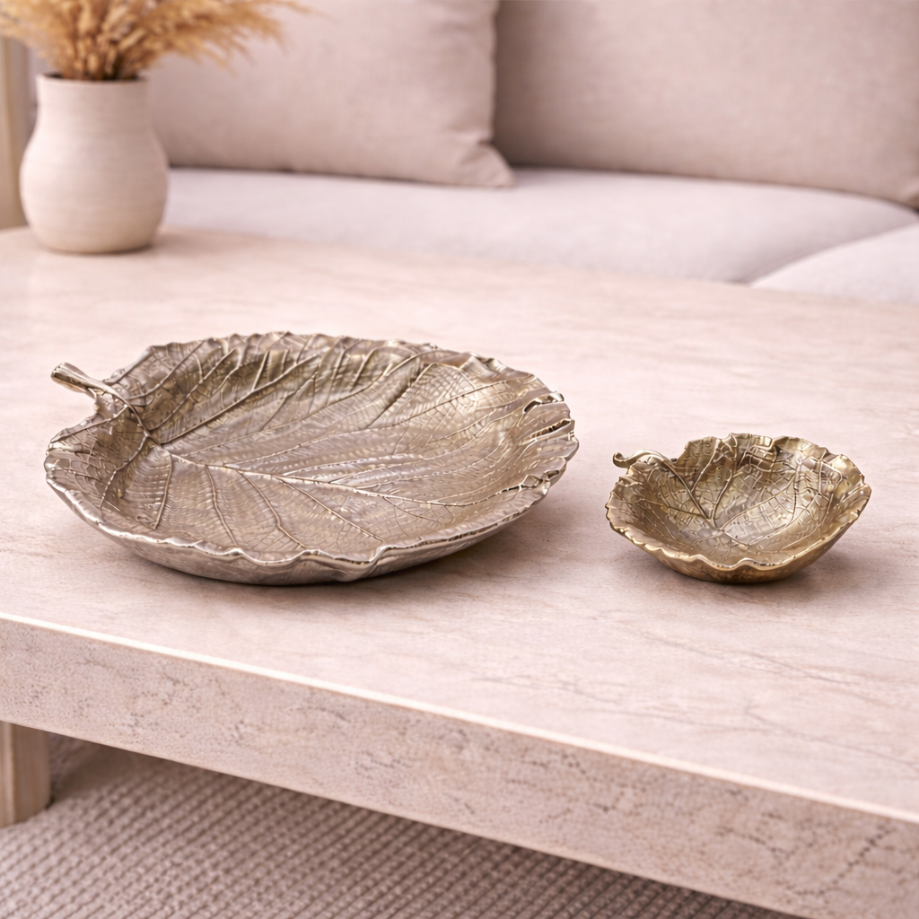 Handcrafted Aluminium Leaf Decorative Tray Set – Gold & Silver Finish (Set of 2)