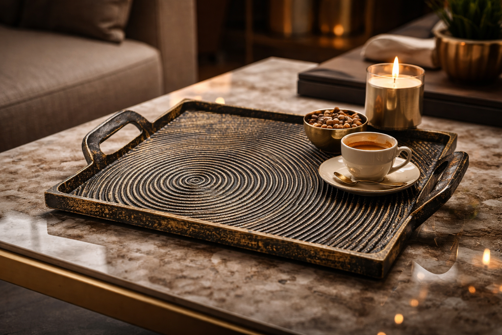 AuraCraft Aluminium Spiral Texture Serving Tray – Luxury Handcrafted Decorative Platter
