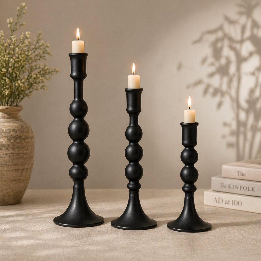 Forma Livings Luxe Matte Black Powder-Coated Aluminium Candle Holder Set (Set of 3 | Modern Sculptural Design)