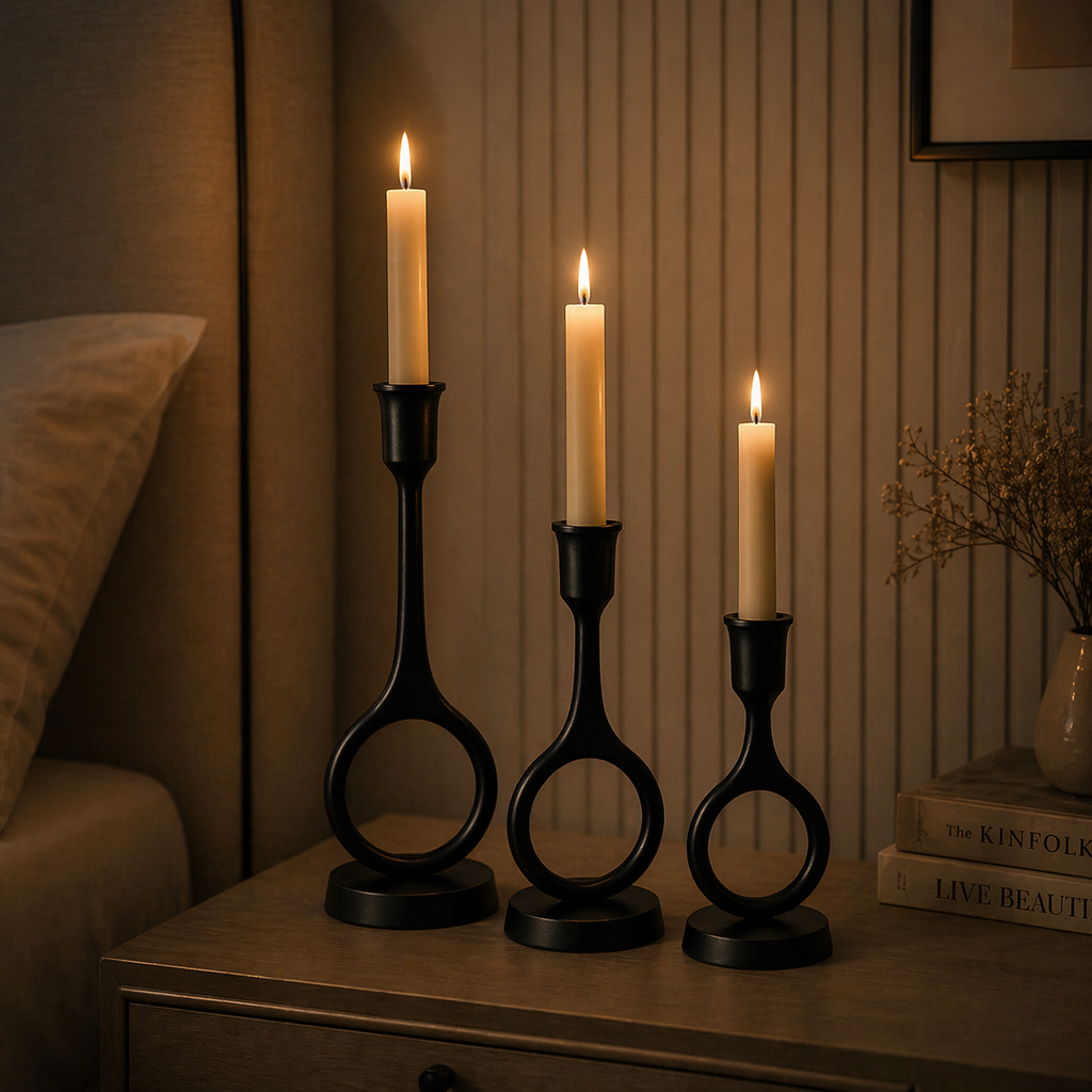 Forma Livings Modern Ring Silhouette Matte Black Powder-Coated Aluminium Candle Holder Set (Set of 3 | Contemporary Design)