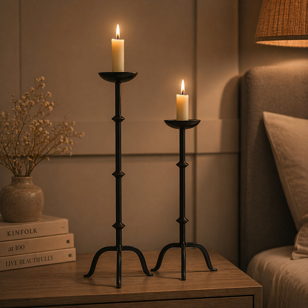 Forma Livings Tall Matte Black Powder-Coated Aluminium Candle Stand (Set of 2 | Sculptural Floor Accent)
