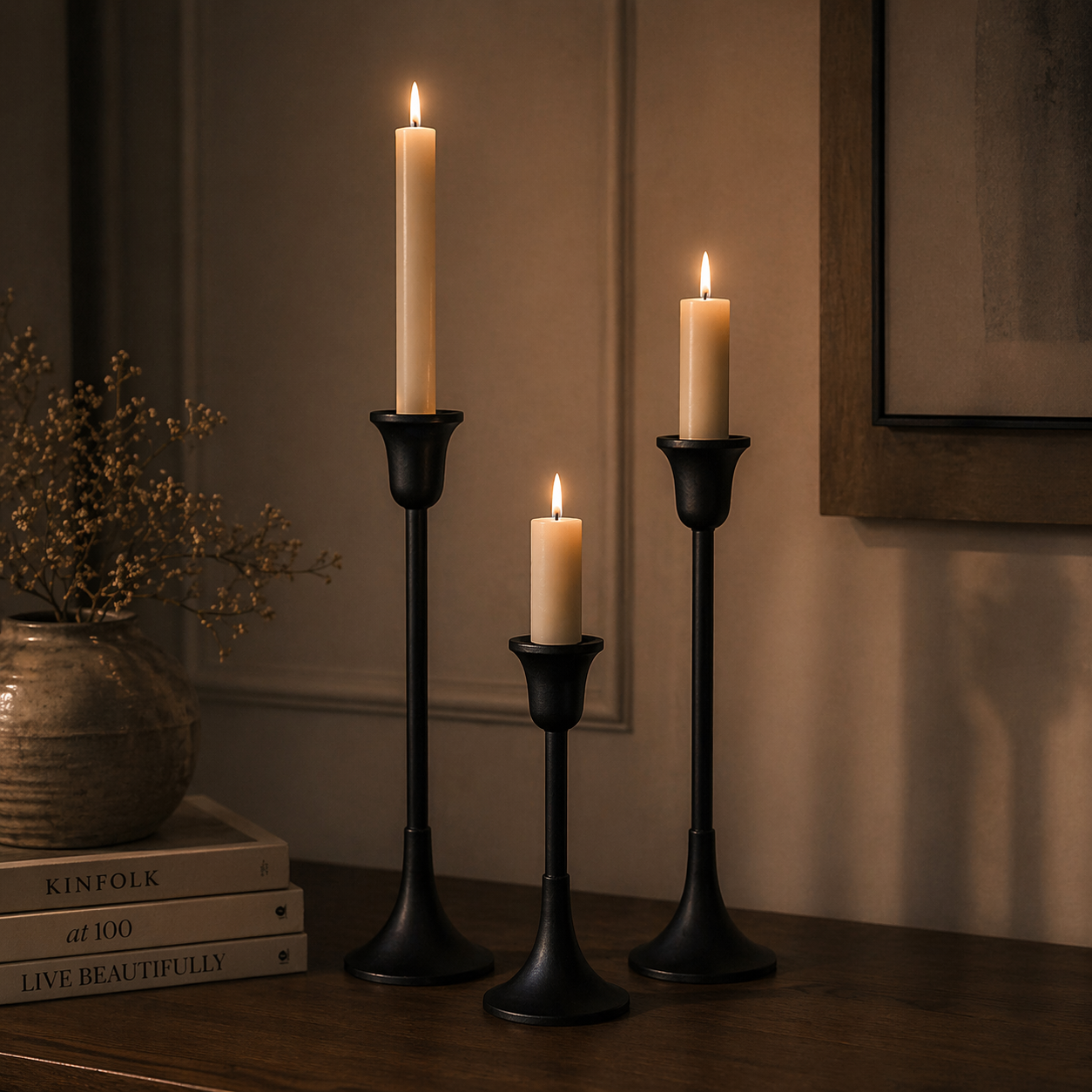 Forma Livings Classic Matte Black Powder-Coated Aluminium Candle Holder Set (Set of 3 | Elegant Taper Design)