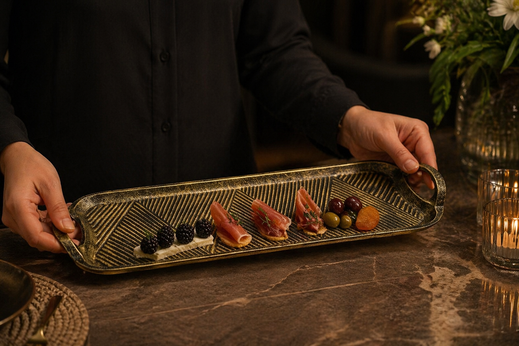 Geometric Handcrafted Aluminium Serving Tray – Luxury Textured Finish
