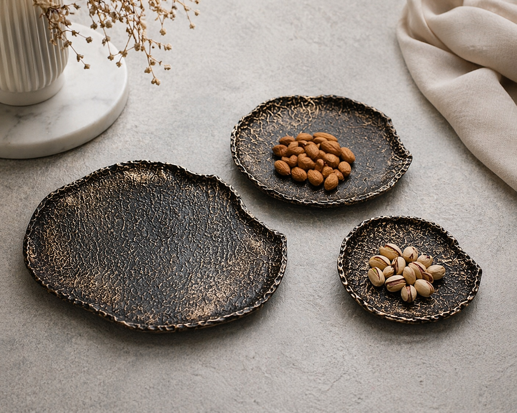 Handcrafted Aluminium Serving Plate Set – Rustic Textured Trio