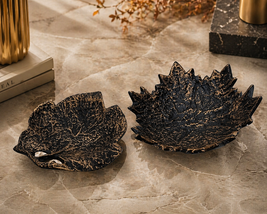 Antique Finish Aluminium Leaf Bowls – Handcrafted Sculptural Duo (Mixed Shapes)