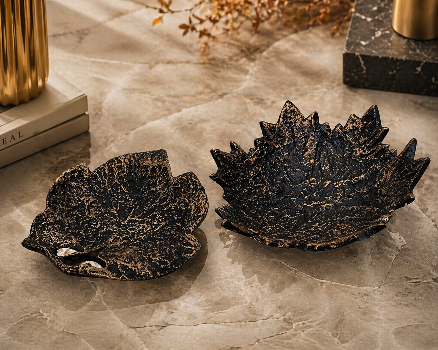 Antique Finish Aluminium Leaf Bowls – Handcrafted Sculptural Duo (Mixed Shapes)