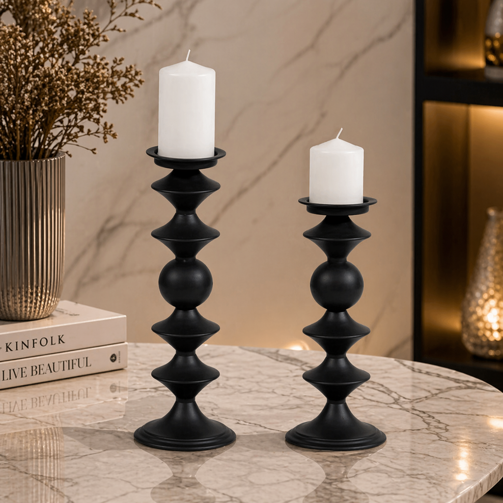 Matte Black Aluminium Candle Holder Set – Modern Sculptural Elegance (Powder Coated)