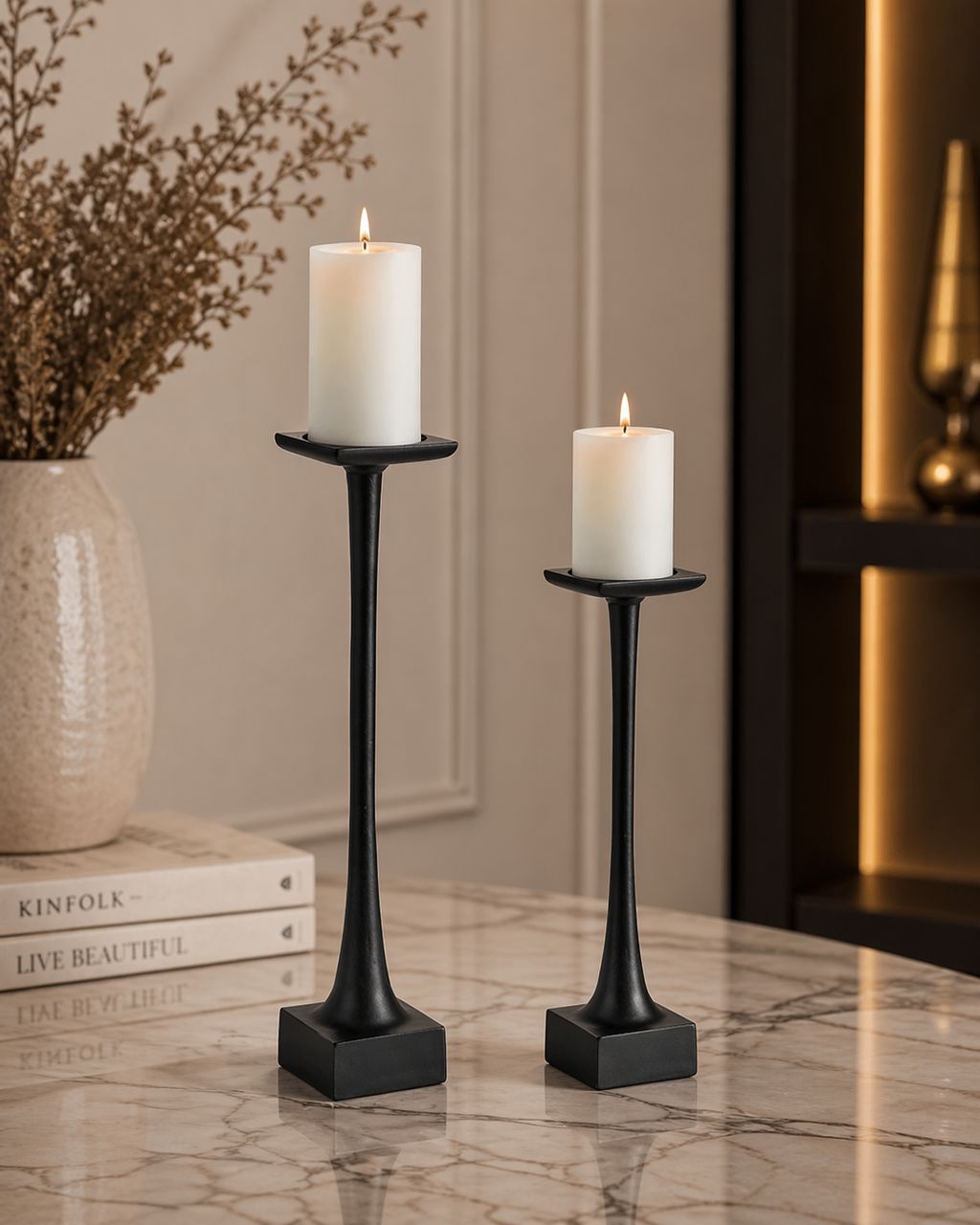 Modern Aluminium Candle Holder Set – Matte Black & Silver Powder Coated Finish