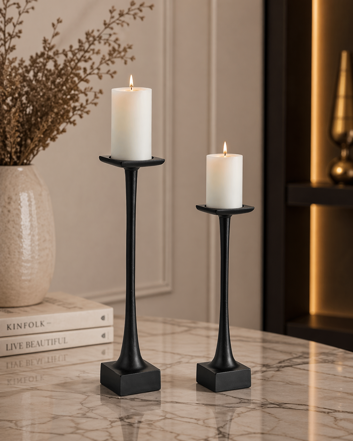 Modern Aluminium Candle Holder Set – Matte Black & Silver Powder Coated Finish