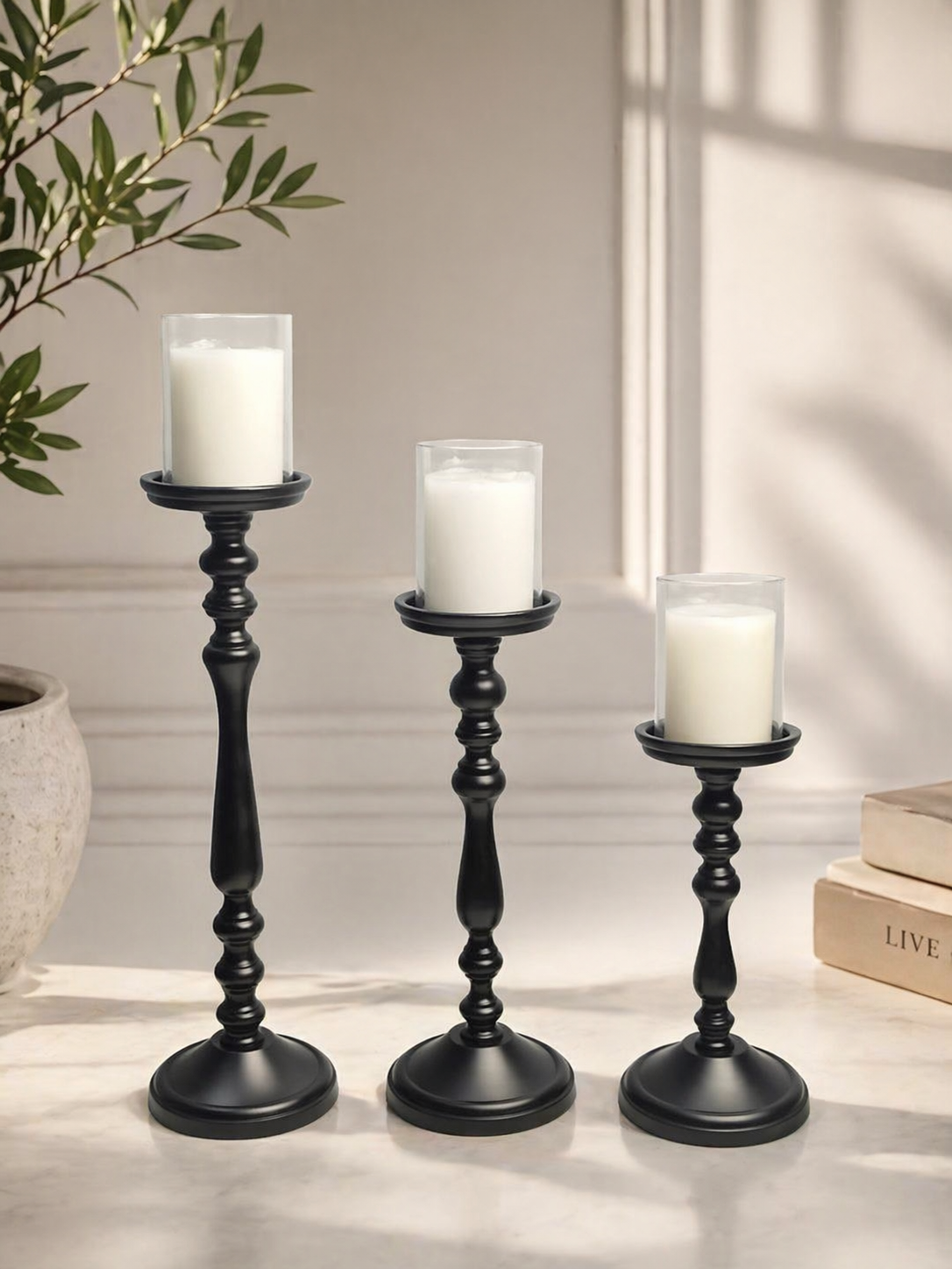 Luxury Aluminium Candle Holder Set – Matte Black, Silver Nickel & Gold Plated Finish (Set of 3 – Varying Heights)