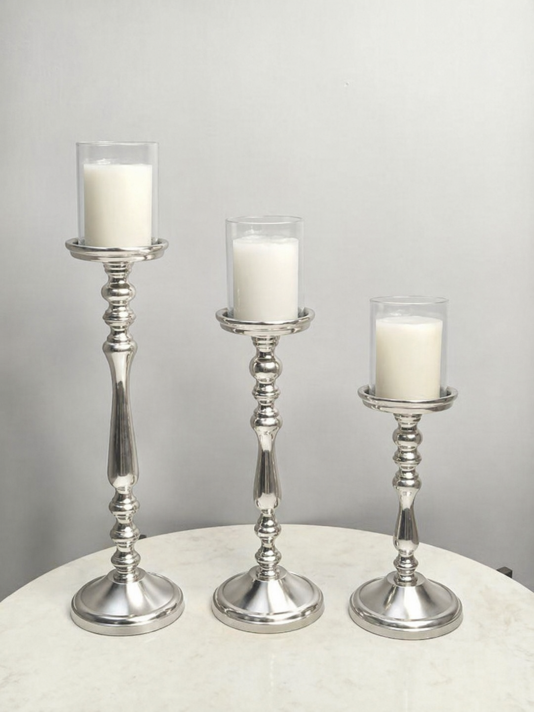 Luxury Aluminium Candle Holder Set – Matte Black, Silver Nickel & Gold Plated Finish (Set of 3 – Varying Heights)