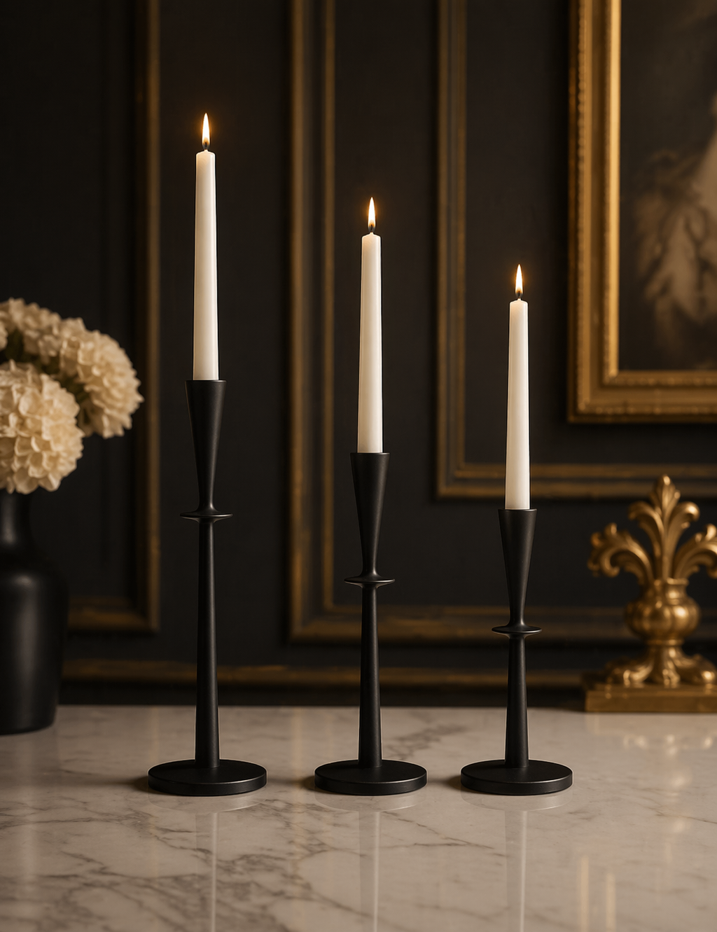 Royal Matte Black Aluminium Candle Holder Set (Set of 3) – Classic Taper Stand Collection