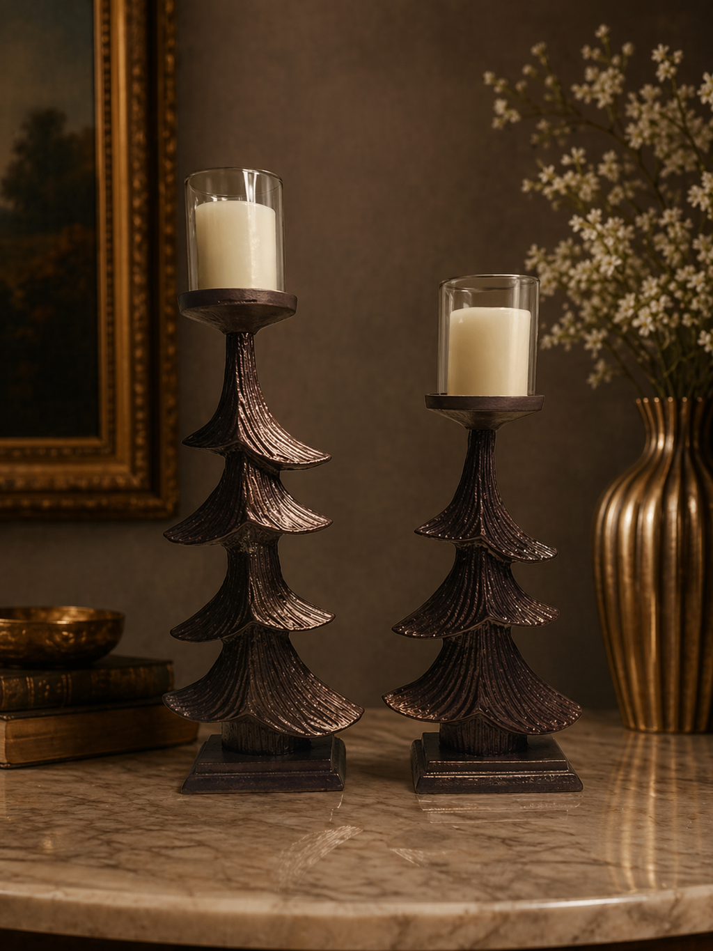 Antique Finish Tree Design Candle Holder Set (Set of 2) – Artistic Statement Décor