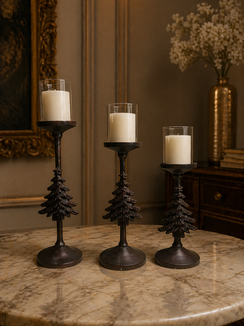 Antique Tree Candle Holder Set (Set of 3) – Rustic Luxe Glass Pillar Stands