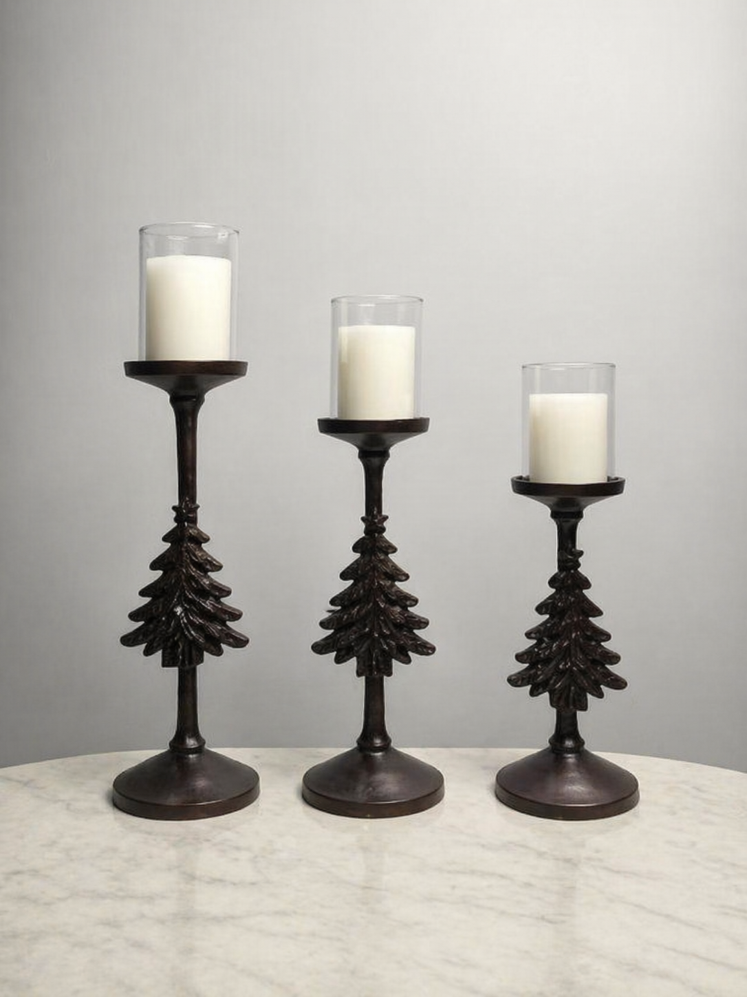 Antique Tree Candle Holder Set (Set of 3) – Rustic Luxe Glass Pillar Stands