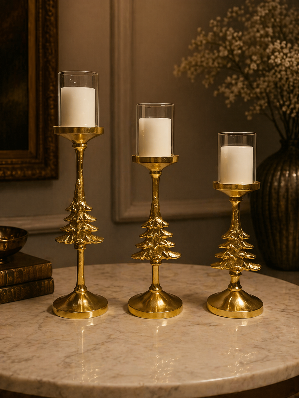 Golden Heritage Candle Holder Set (Set of 3) – Elegant Glass Pillar Stands