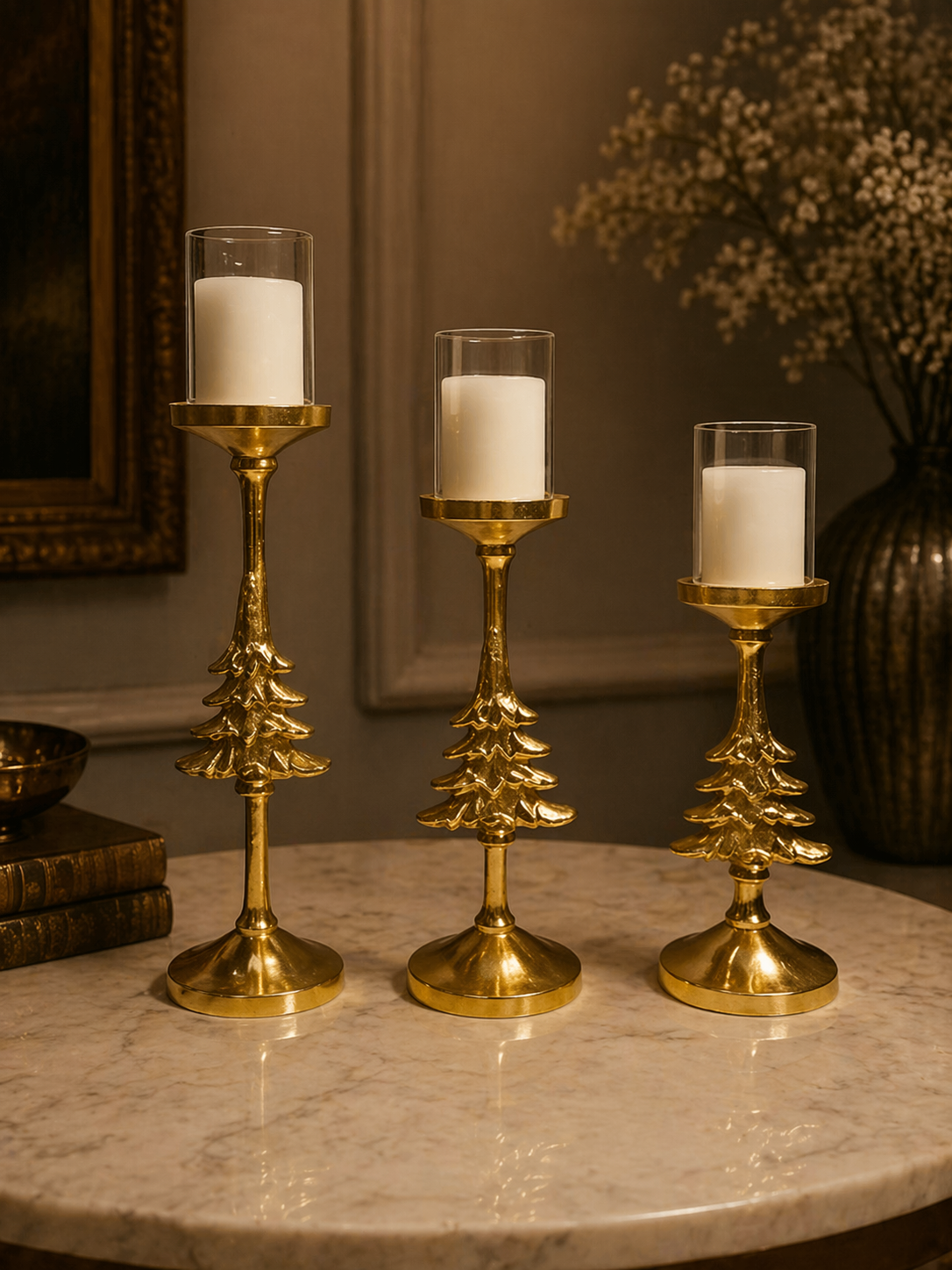 Golden Heritage Candle Holder Set (Set of 3) – Elegant Glass Pillar Stands