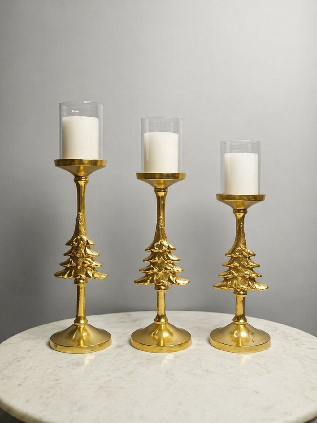 Golden Heritage Candle Holder Set (Set of 3) – Elegant Glass Pillar Stands