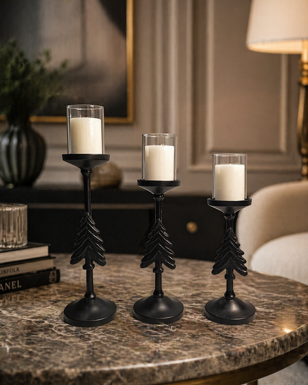 Matte Black Pillar Candle Holder Set (Set of 3) – Contemporary Glass Accent Series
