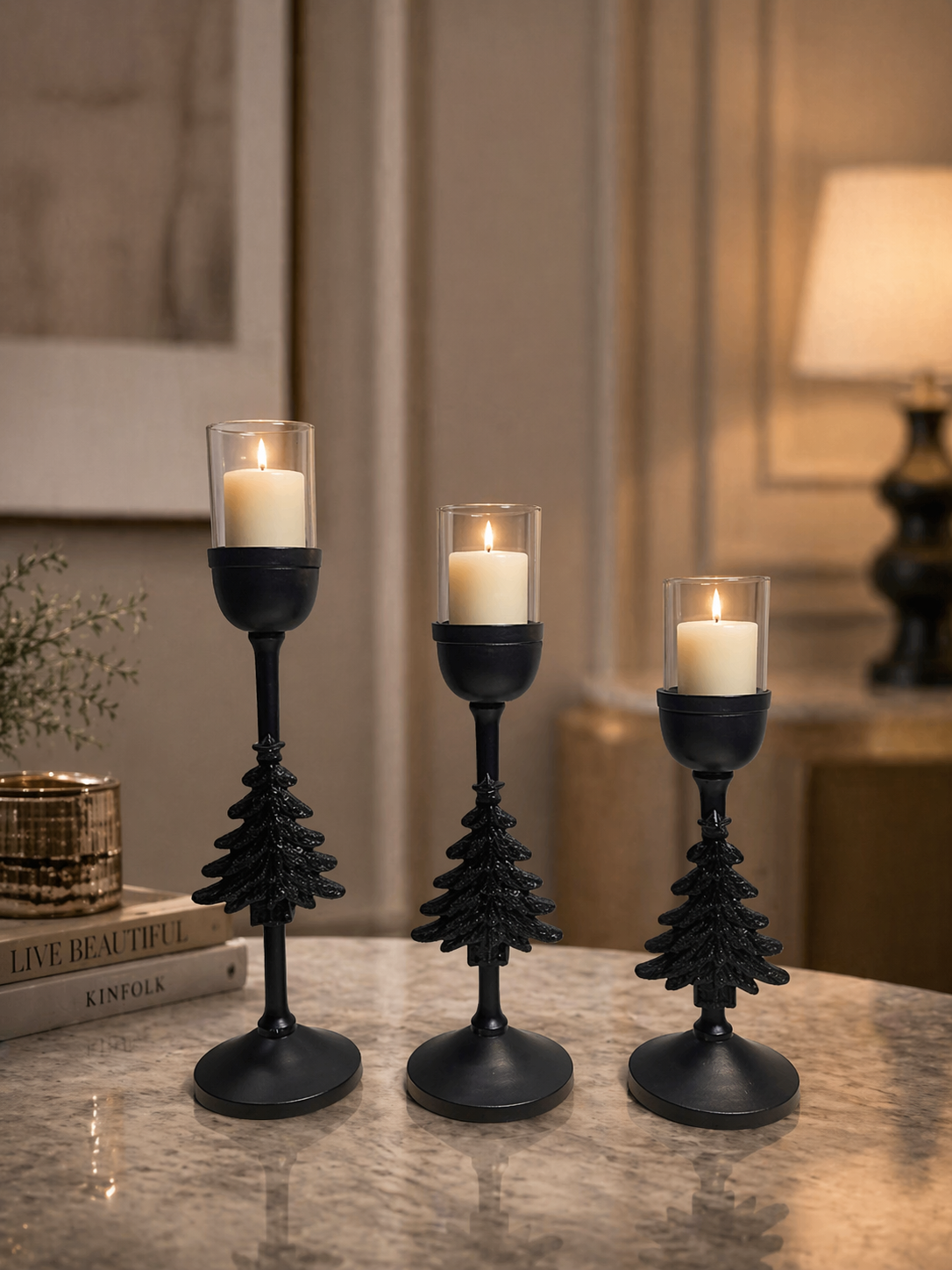 Matte Black Designer Candle Holder Set (Set of 3) – Luxury Glass Pillar Stand Collection