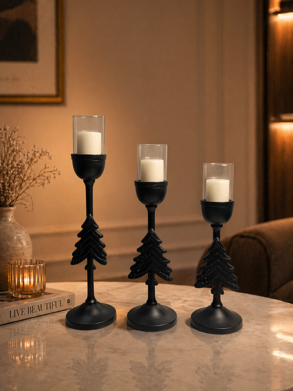 Signature Tree Candle Holder Set (Set of 3) – Matte Black, Silver Nickel & Gold Finish Collection