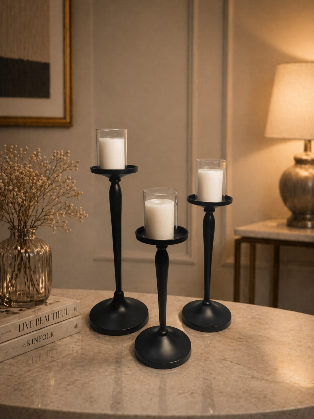 Heritage Candle Holder Set (Set of 3) – Matte Black, Silver Nickel & Gold Finish Edition