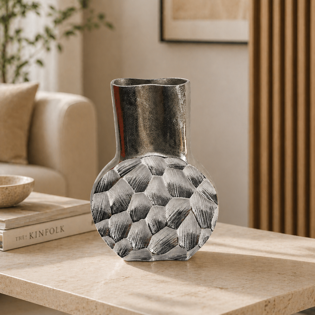 Forma Livings Handcrafted Aluminium Textured Vase – Premium Decorative Accent (Available in Silver & Gold | Dual Sizes)