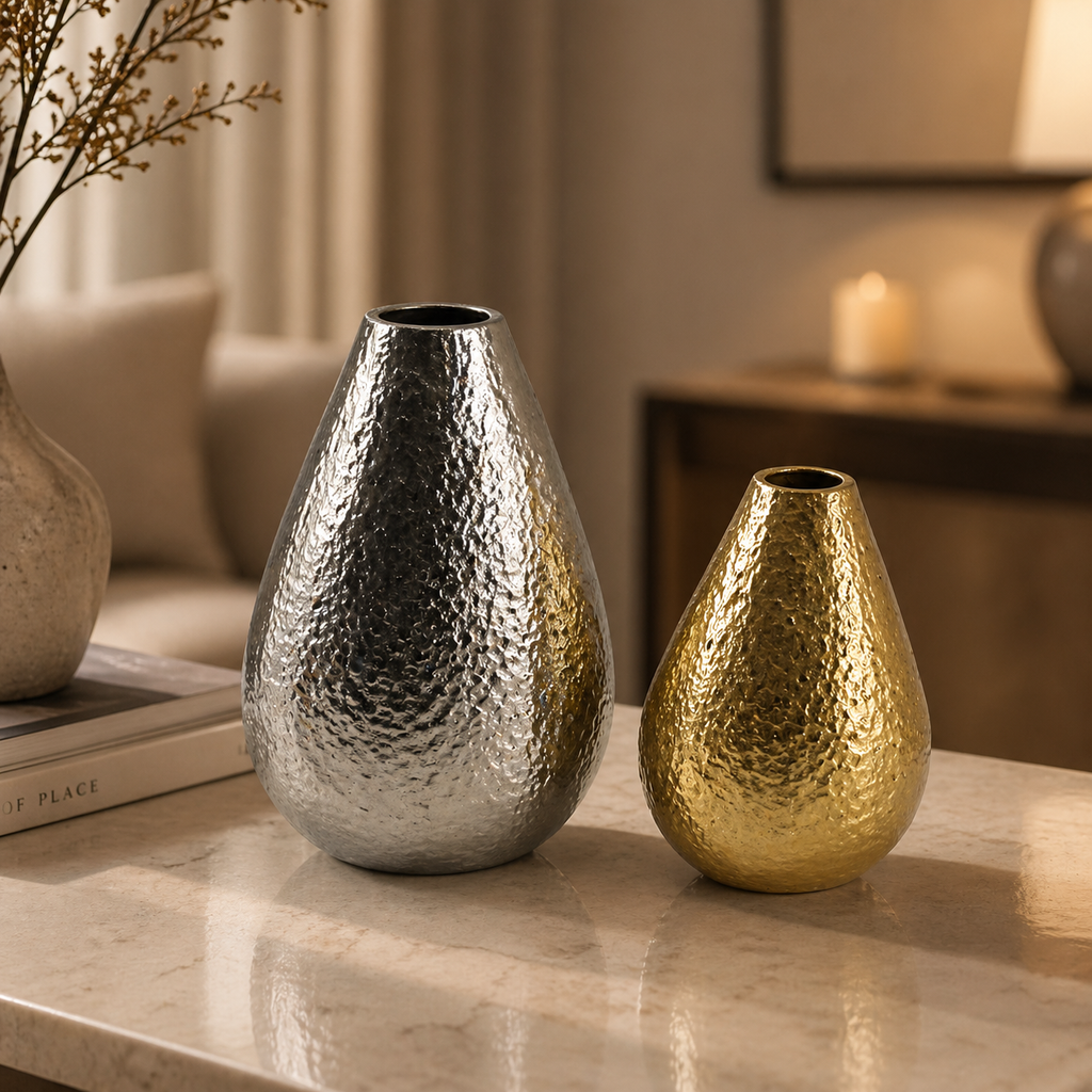 Forma Livings Mini Hammered Gold Aluminium Vase – Compact Luxury Accent for Modern Interiors