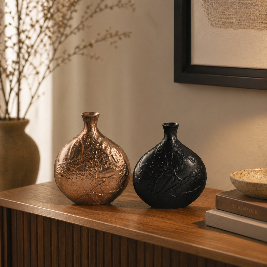 Forma Livings Handcrafted Aluminium Sculpted Vase Set – Dual Finish Décor (Bronze & Matte Black | Large & Small Sizes)