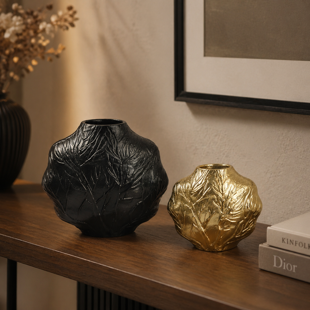 Forma Livings Handcrafted Leaf Texture Aluminium Vase Set – Luxury Dual Finish Décor (Matte Black & Antique Gold)