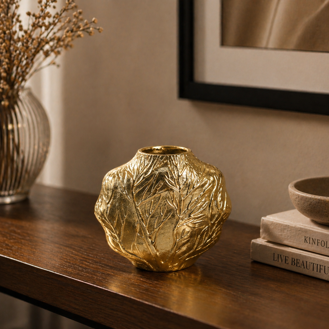 Forma Livings Handcrafted Leaf Texture Aluminium Vase Set – Luxury Dual Finish Décor (Matte Black & Antique Gold)