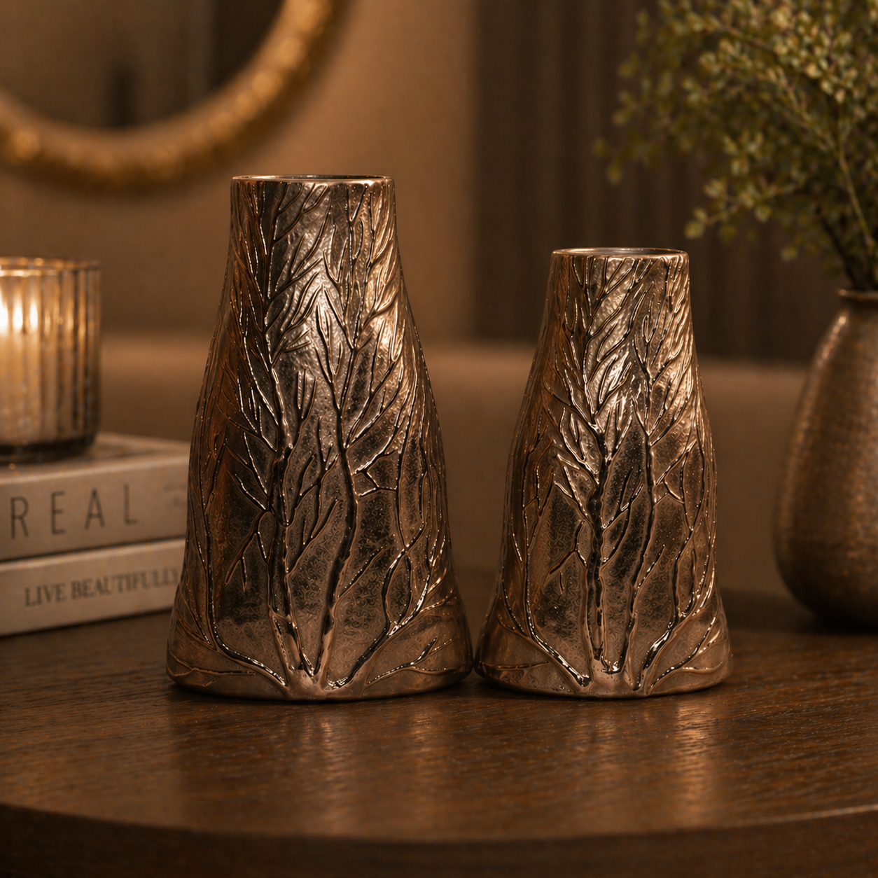 Forma Livings Handcrafted Aluminium Leaf Texture Vase Set – Available in Gold, Silver Nickel & Bronze Finish