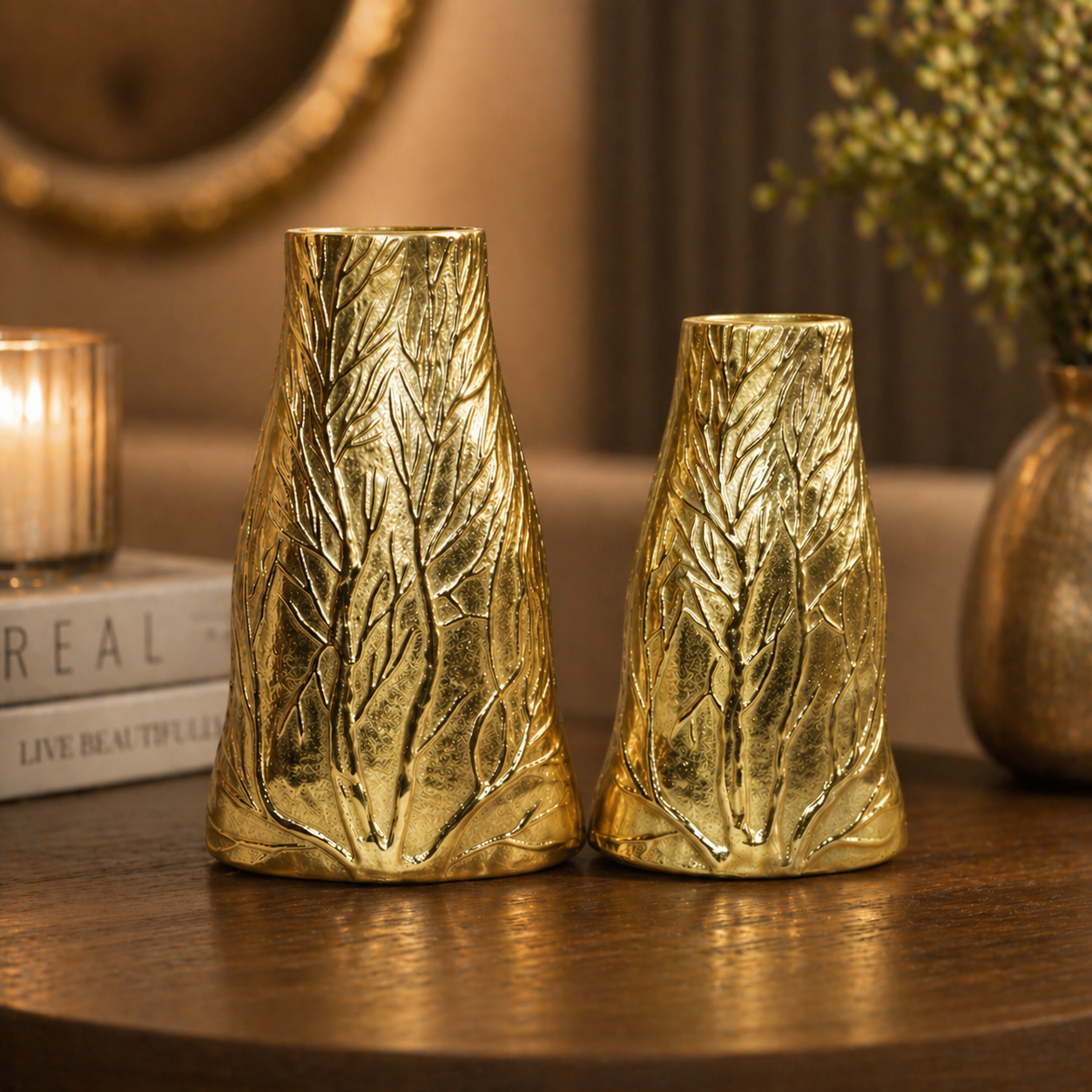 Forma Livings Handcrafted Aluminium Leaf Texture Vase Set – Available in Gold, Silver Nickel & Bronze Finish