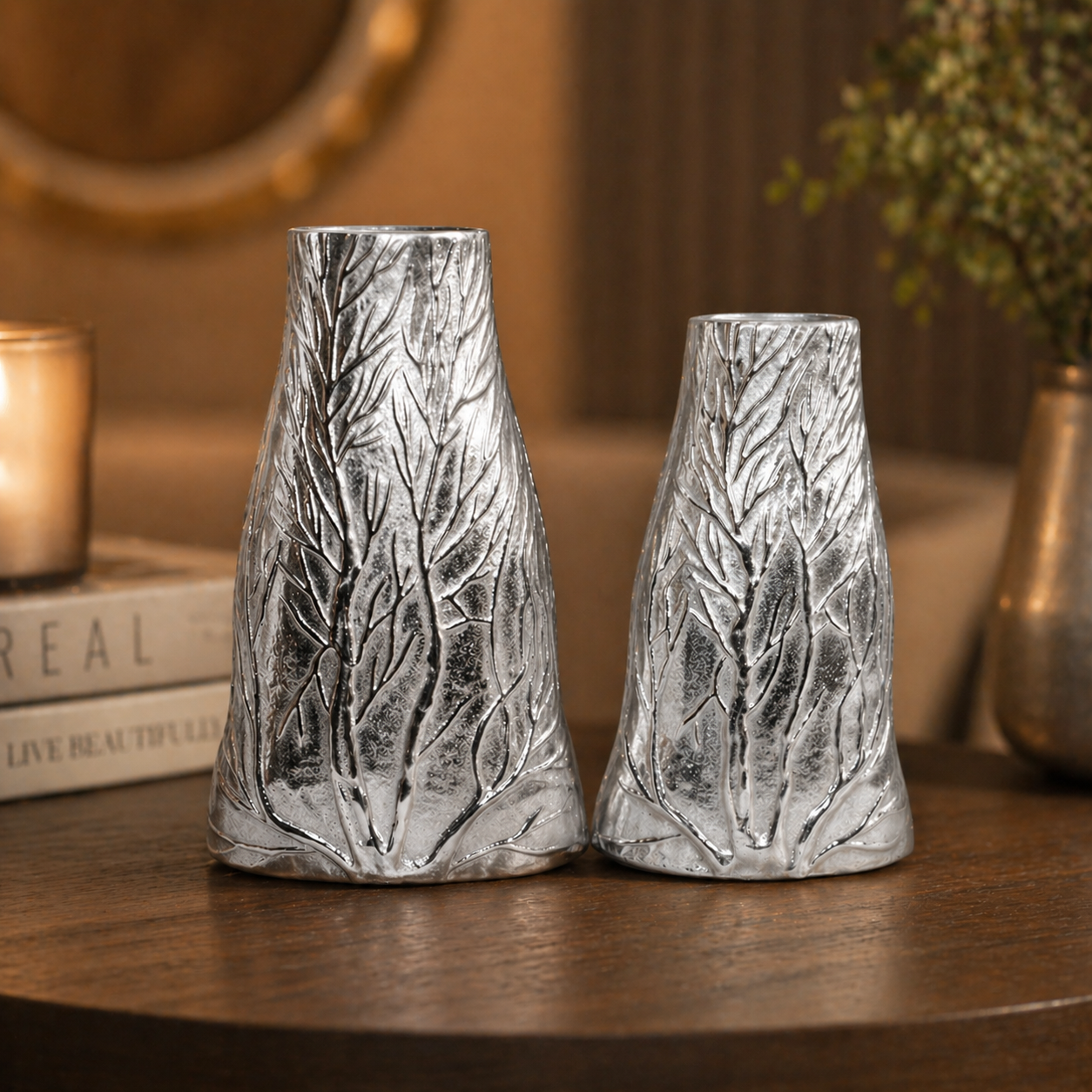 Forma Livings Handcrafted Aluminium Leaf Texture Vase Set – Available in Gold, Silver Nickel & Bronze Finish