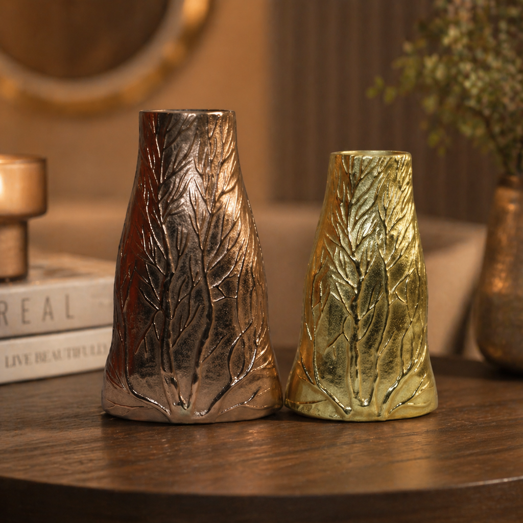 Forma Livings Handcrafted Aluminium Leaf Texture Vase Set – Available in Gold, Silver Nickel & Bronze Finish