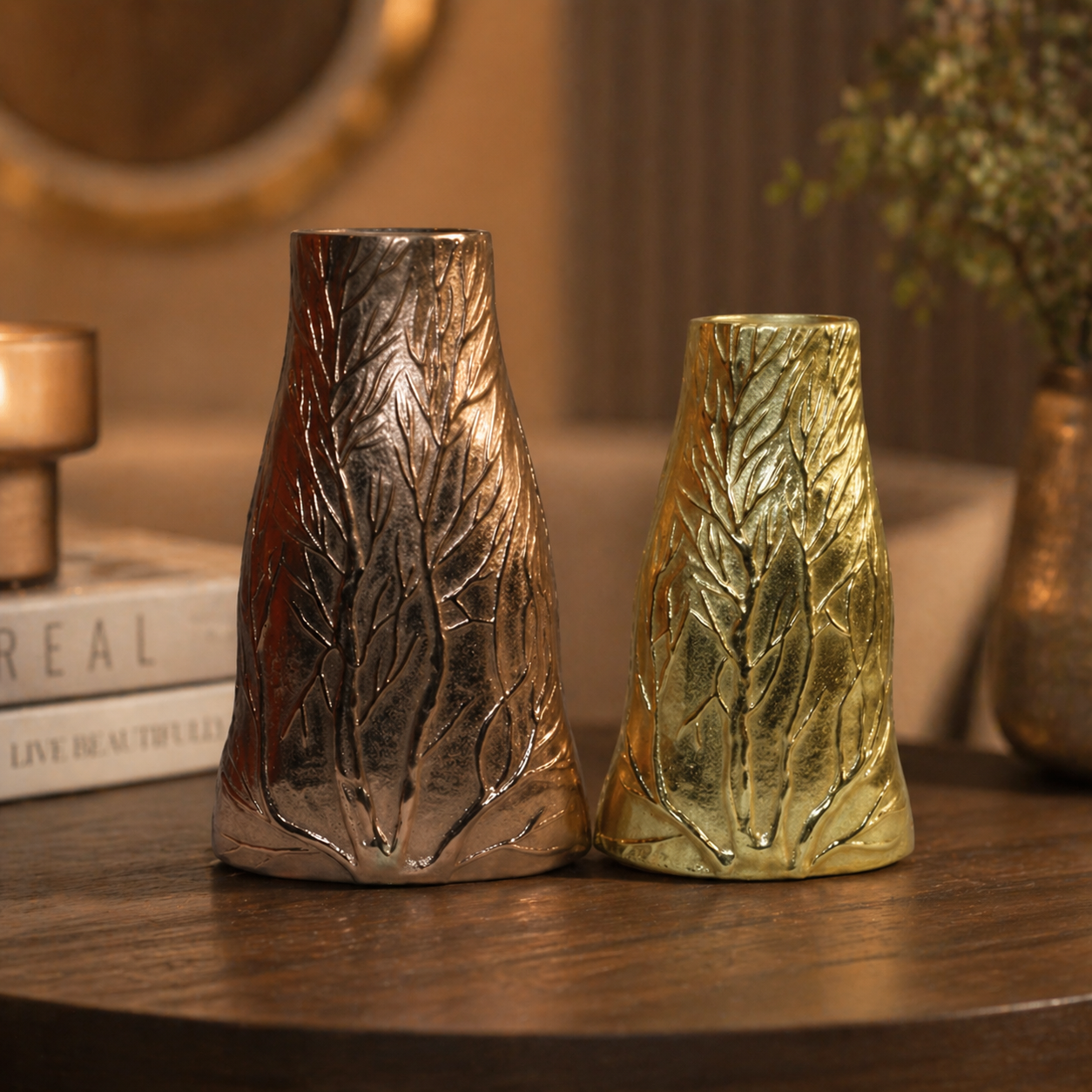 Forma Livings Handcrafted Aluminium Leaf Texture Vase Set – Available in Gold, Silver Nickel & Bronze Finish