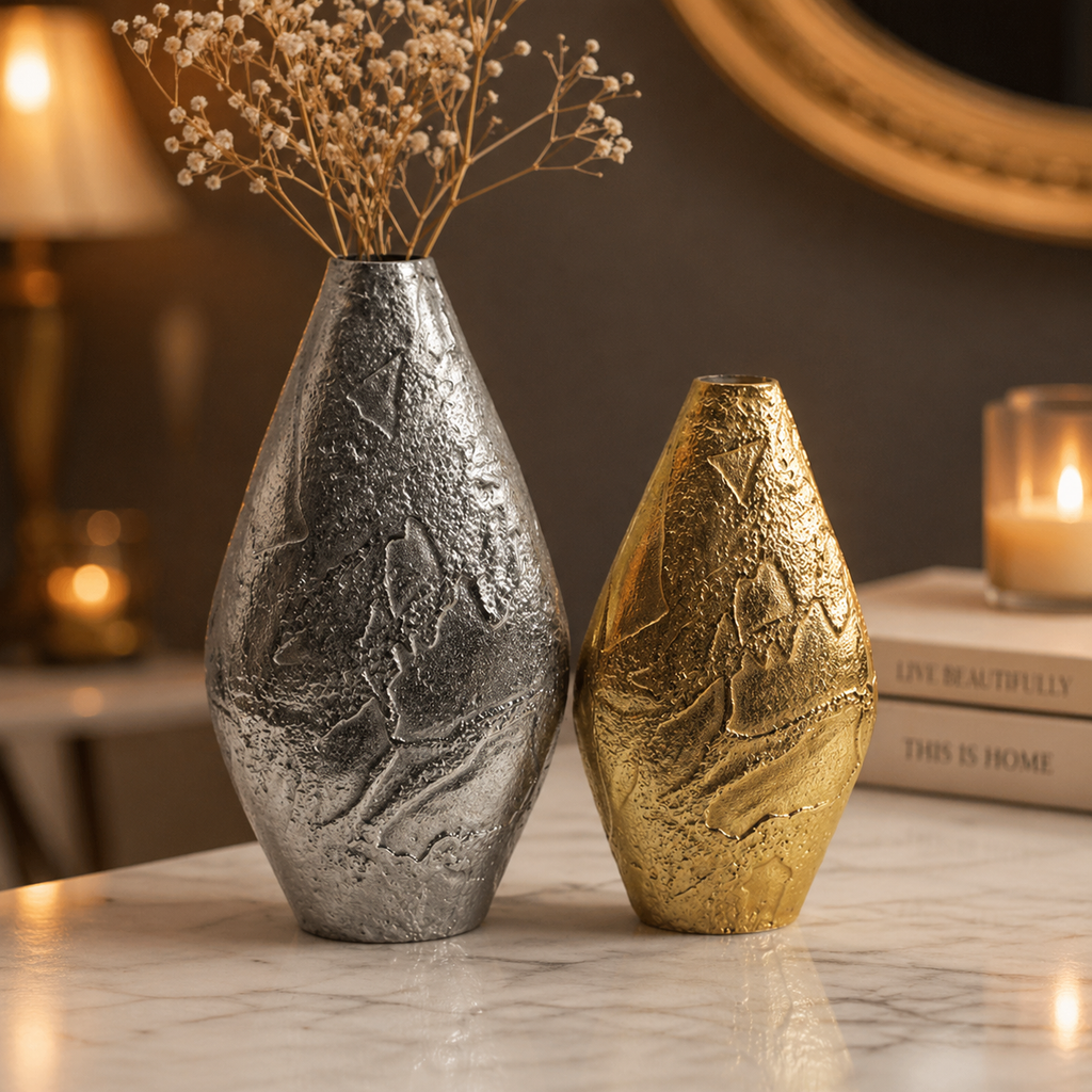 Forma Livings Luxe Aluminium Sculpted Vase Set – Textured Metallic Finish (Gold & Silver Nickel)