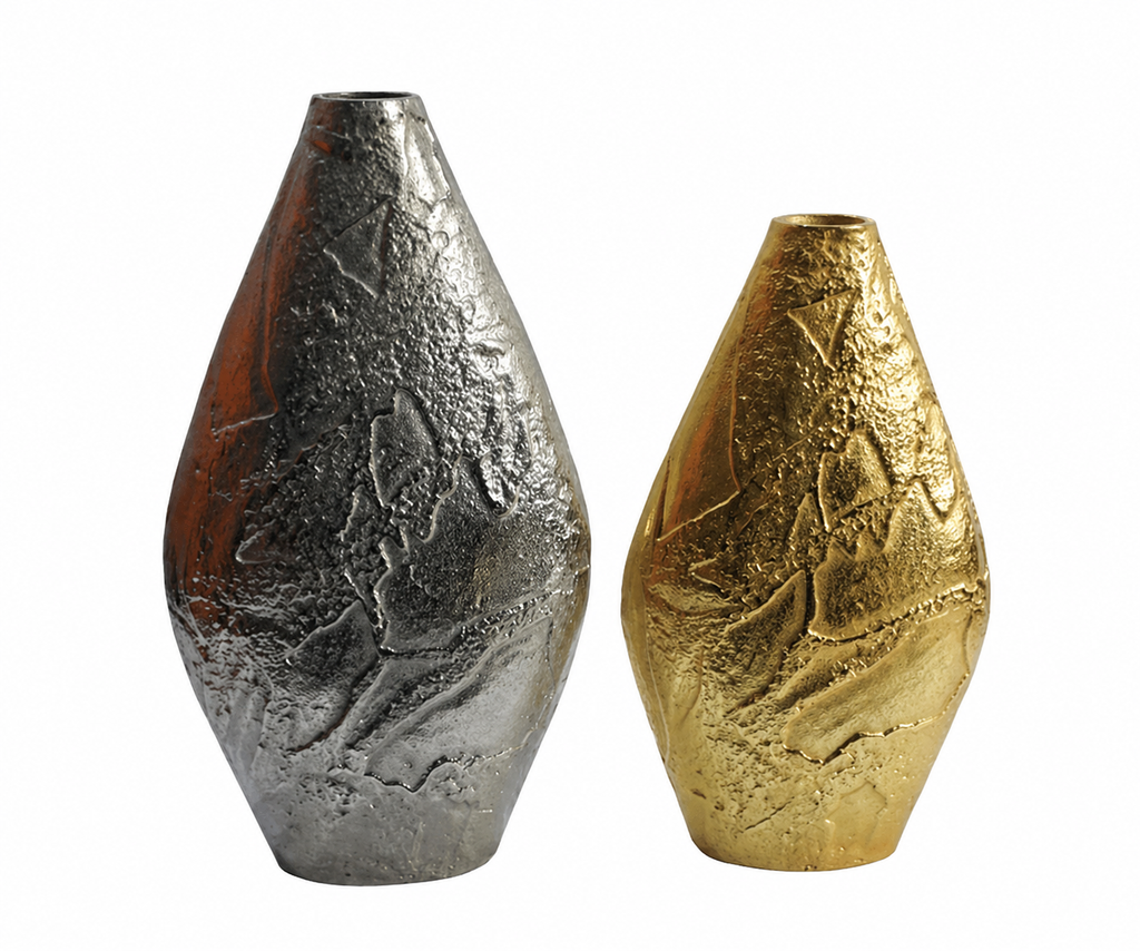 Forma Livings Luxe Aluminium Sculpted Vase Set – Textured Metallic Finish (Gold & Silver Nickel)