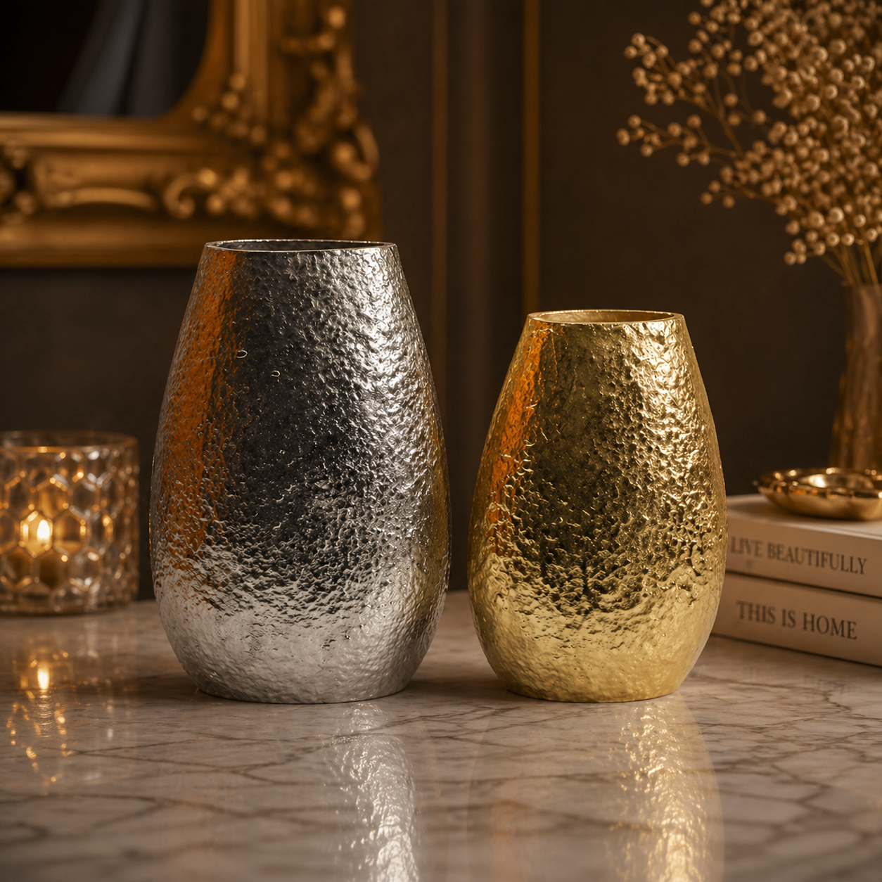 Forma Livings Luxe Hammered Aluminium Vase Set – Dual Metallic Finish (Silver Nickel & Gold)
