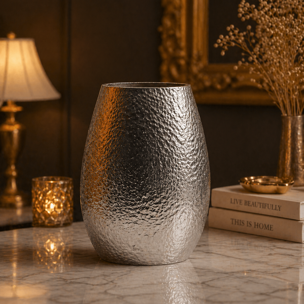 Forma Livings Luxe Hammered Aluminium Vase Set – Dual Metallic Finish (Silver Nickel & Gold)