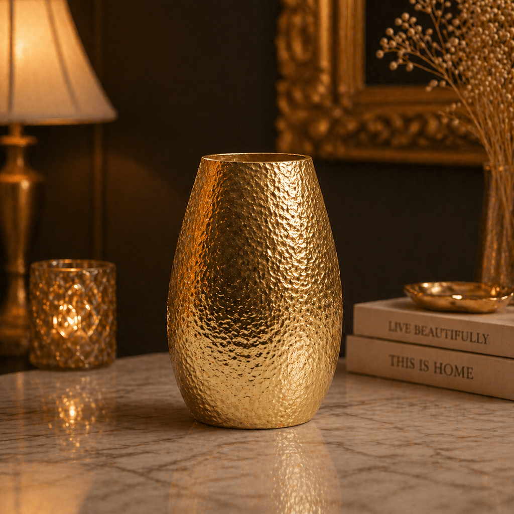 Forma Livings Luxe Hammered Aluminium Vase Set – Dual Metallic Finish (Silver Nickel & Gold)