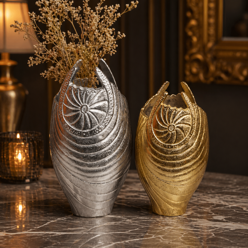 Forma Livings Royal Shell Sculpted Aluminium Vase Set – Dual Tone Finish (Silver & Gold)