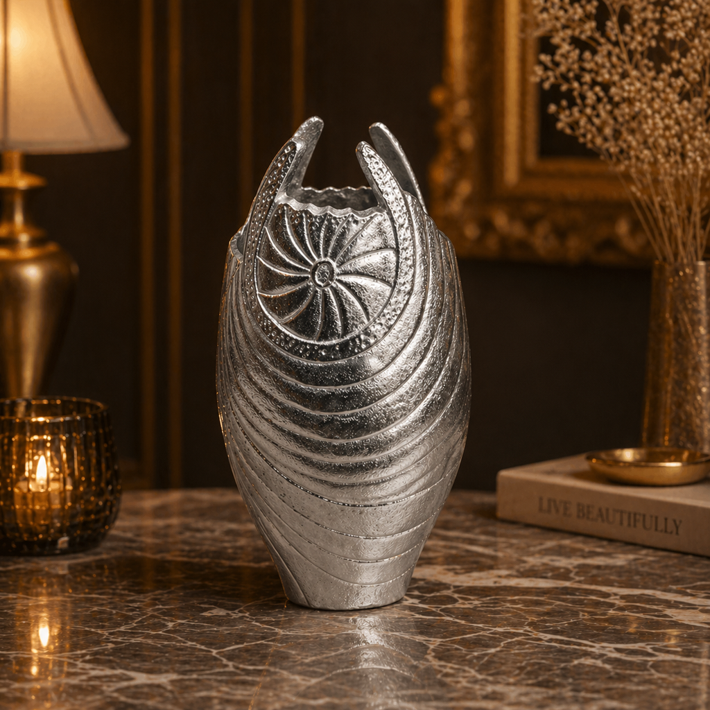 Forma Livings Royal Shell Sculpted Aluminium Vase Set – Dual Tone Finish (Silver & Gold)