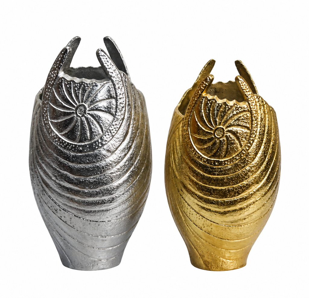 Forma Livings Royal Shell Sculpted Aluminium Vase Set – Dual Tone Finish (Silver & Gold)