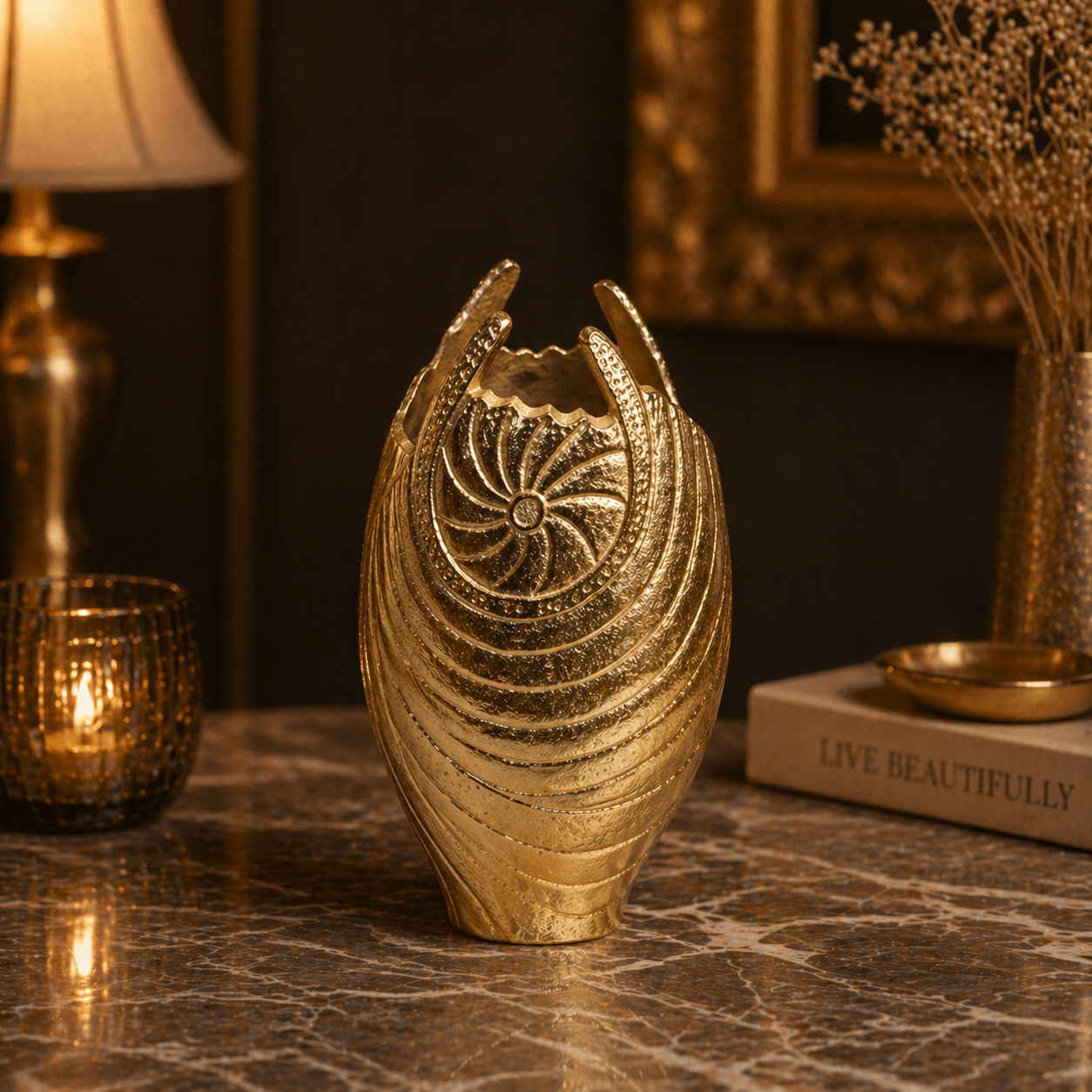 Forma Livings Royal Shell Sculpted Aluminium Vase Set – Dual Tone Finish (Silver & Gold)