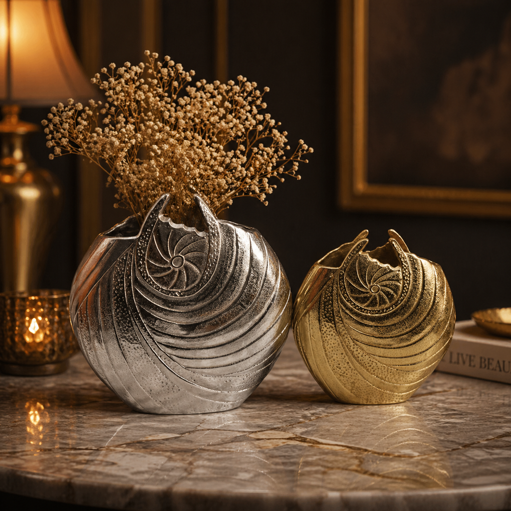 Forma Livings Luxe Nautilus Sculpted Aluminium Vase Set – Dual Finish (Silver Nickel & Gold)